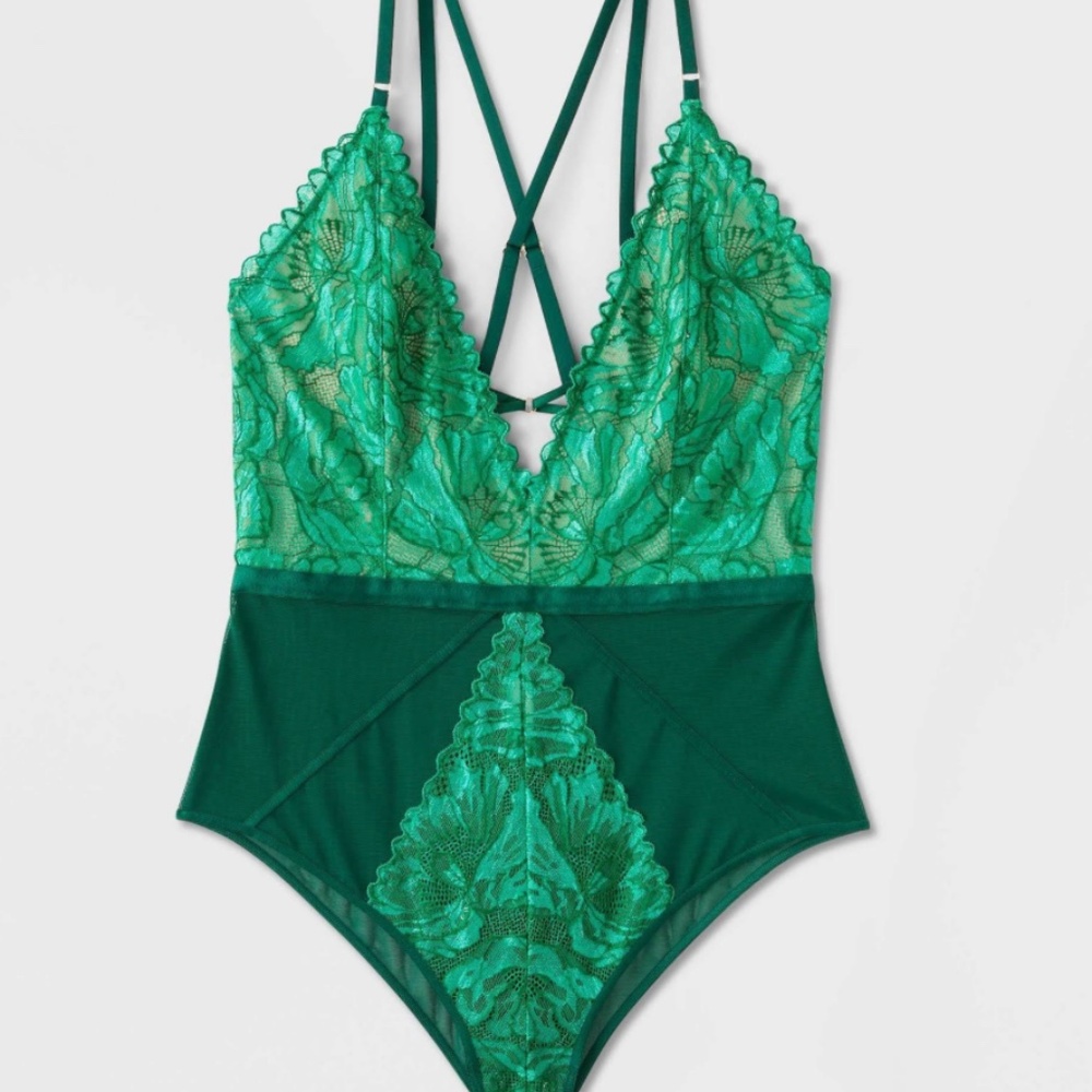 Auden Women's Size Extra Large Emerald Green Deep Plunge Lace Bodysuit